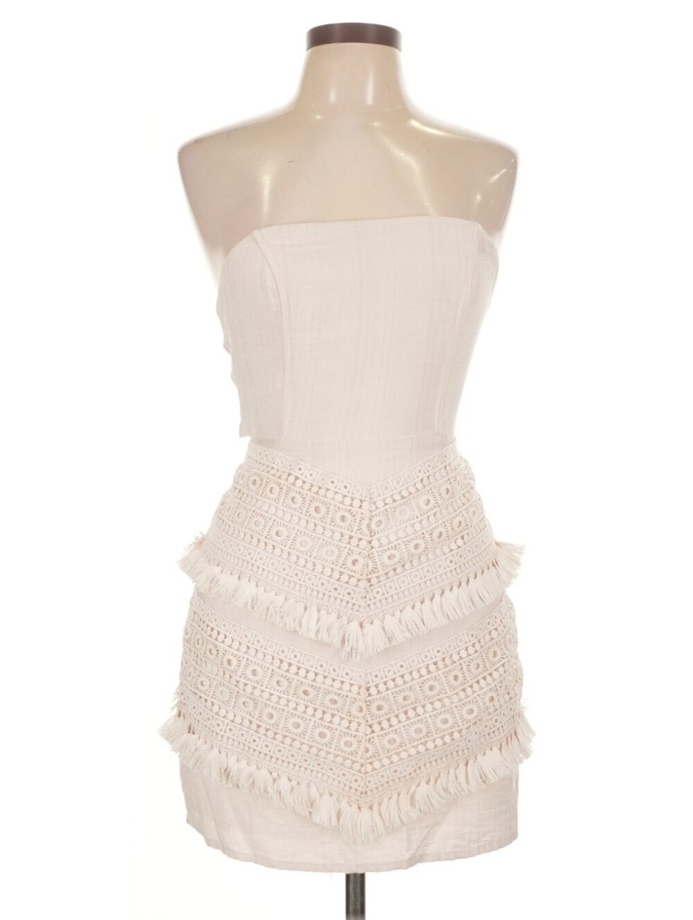 Selfie Leslie Beige Cream Strapless Crochet Fringe Mini Dress Large